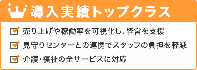 導入実績トップクラス 売り上げや稼働率を可視化し、経営を支援 / 見守りセンサーとの連携でスタッフの負担を軽減 / 介護・福祉の全サービスに対応