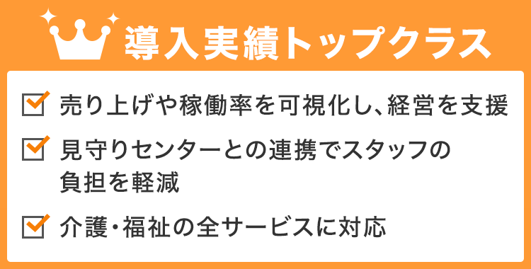 導入実績トップクラス 売り上げや稼働率を可視化し、経営を支援 / 見守りセンサーとの連携でスタッフの負担を軽減 / 介護・福祉の全サービスに対応