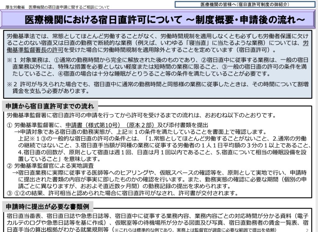 厚生労働省　医療機関の宿日直申請に関するご相談について　医療機関における宿日直許可について～制度概要・申請後の流れ～